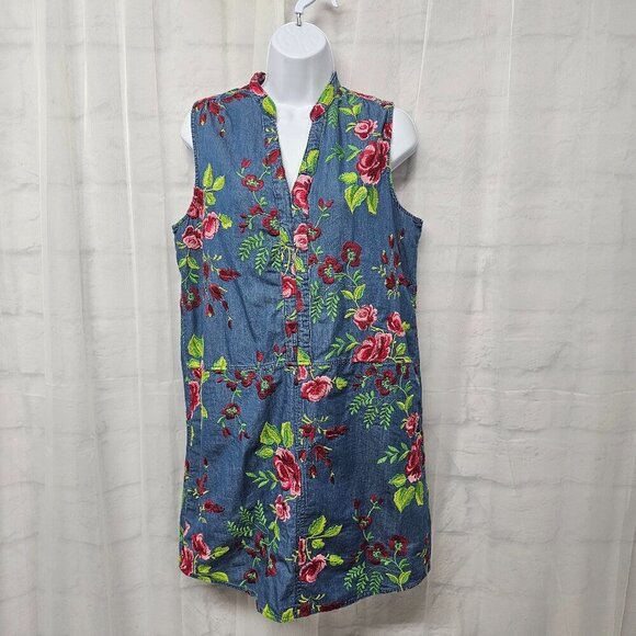 Beige Eci Blue Chambray Dress Floral Embroidered Sleeveless Mini Boho 6 - Picture 1 of 11